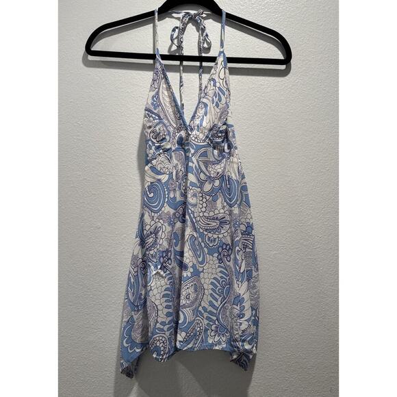 LUCY LOVE Size Medium Blue White Paisley Print Open Tie Back Y2K Look Retro Boho - Picture 3 of 9